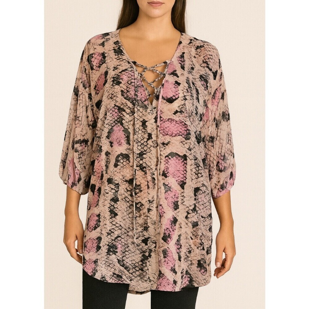 Show Me Your Mumu snake skin pink/black Swim cover up blouse top V-neck SZ M